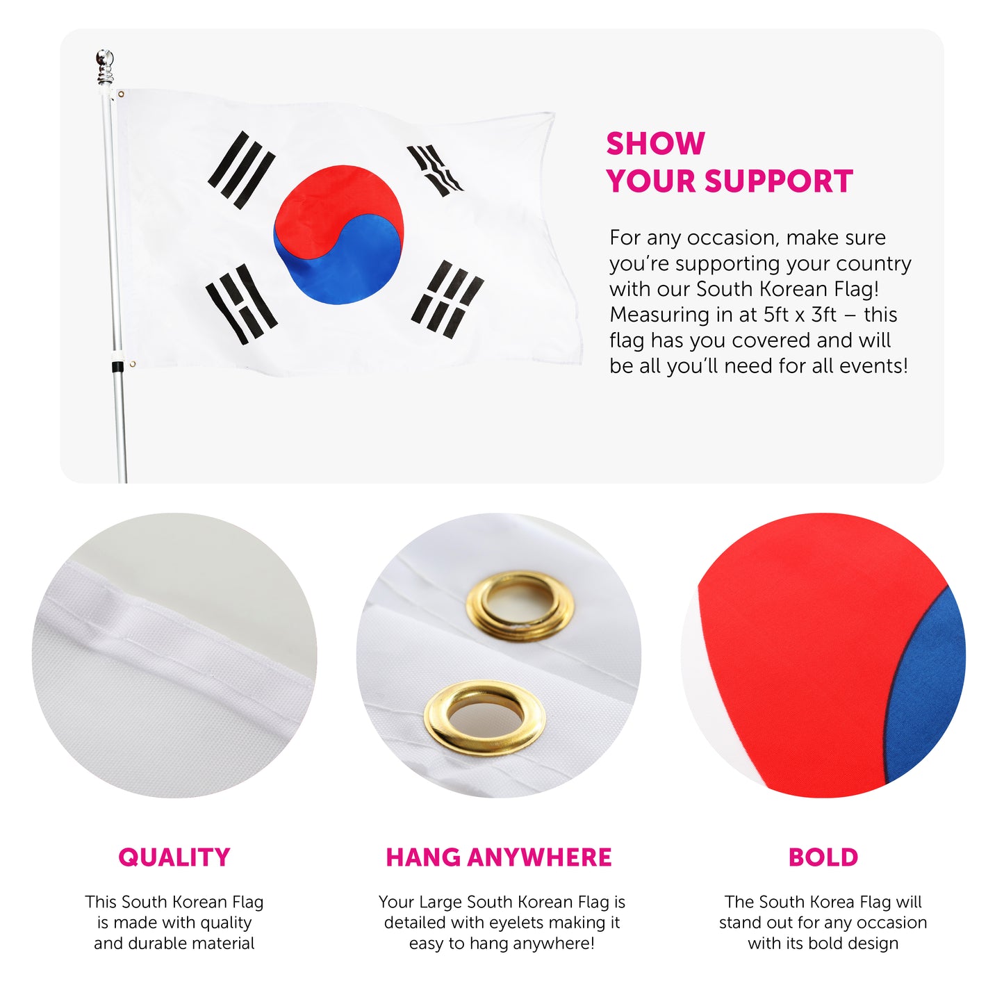 South Korea 5ft x 3ft Flag with 2 Eyelets