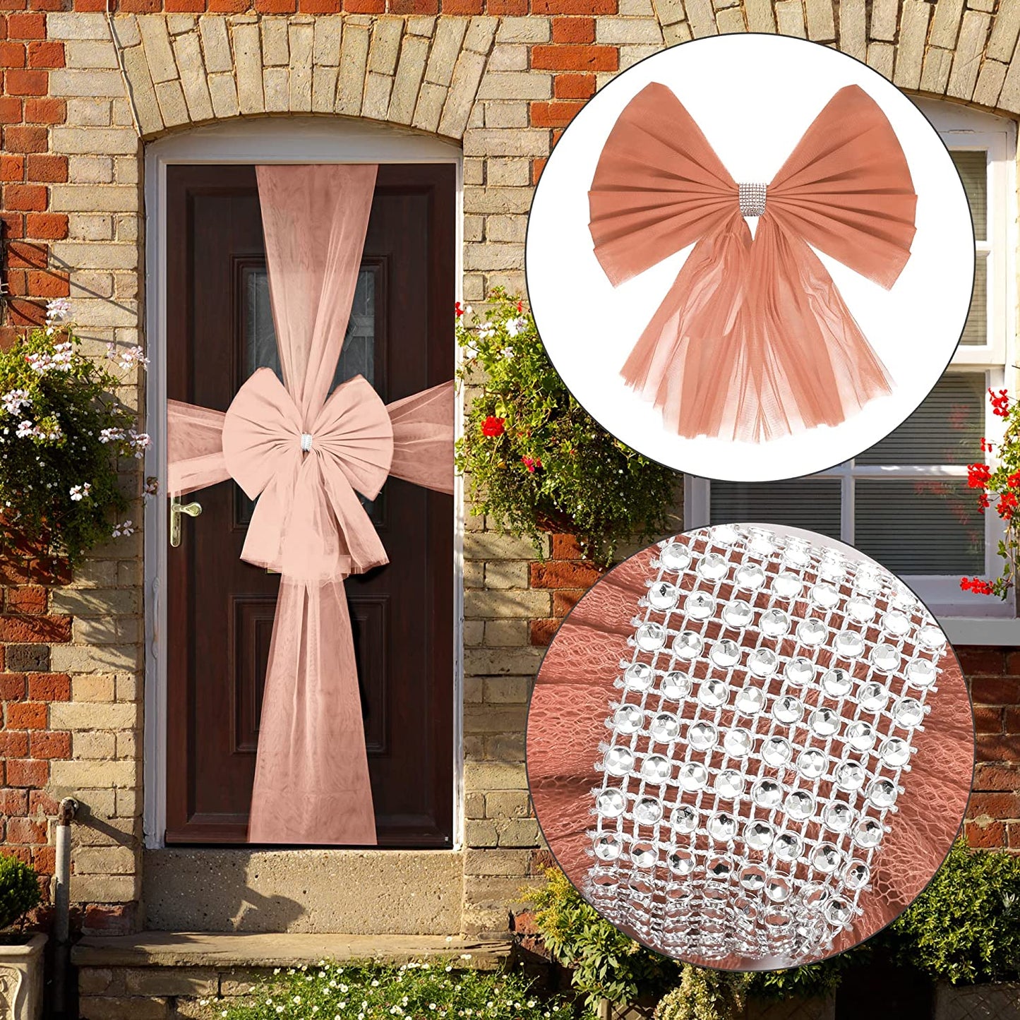 Rose Gold Organza Door Bow with Silver Diamante Ring