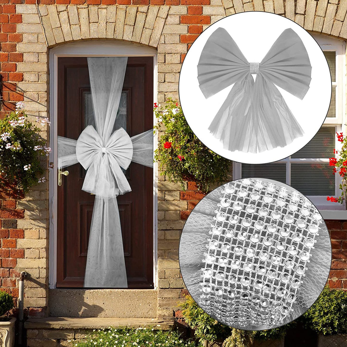 Silver Organza Door Bow with Silver Diamante Ring
