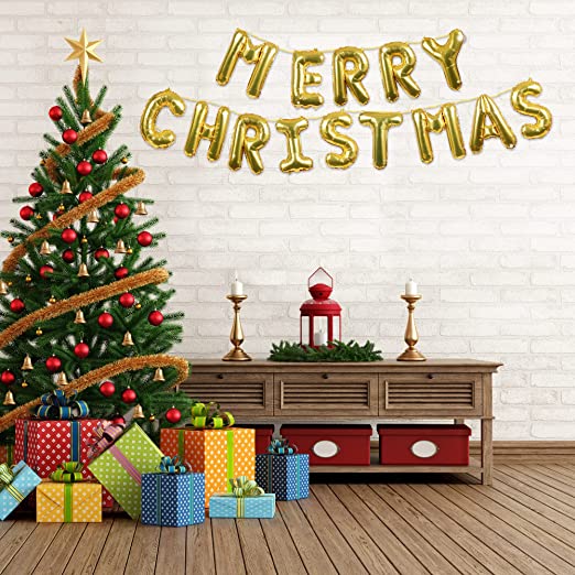 Merry Christmas Happy New Year Gold Balloon Banner Set