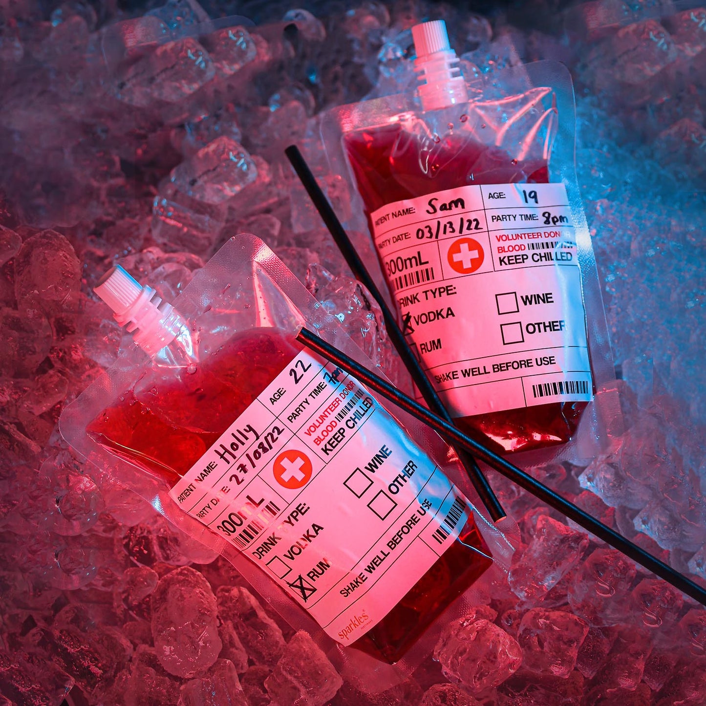 BLOOD BAG DRINK POUCHES WITH PAPER STRAWS PACK OF 5