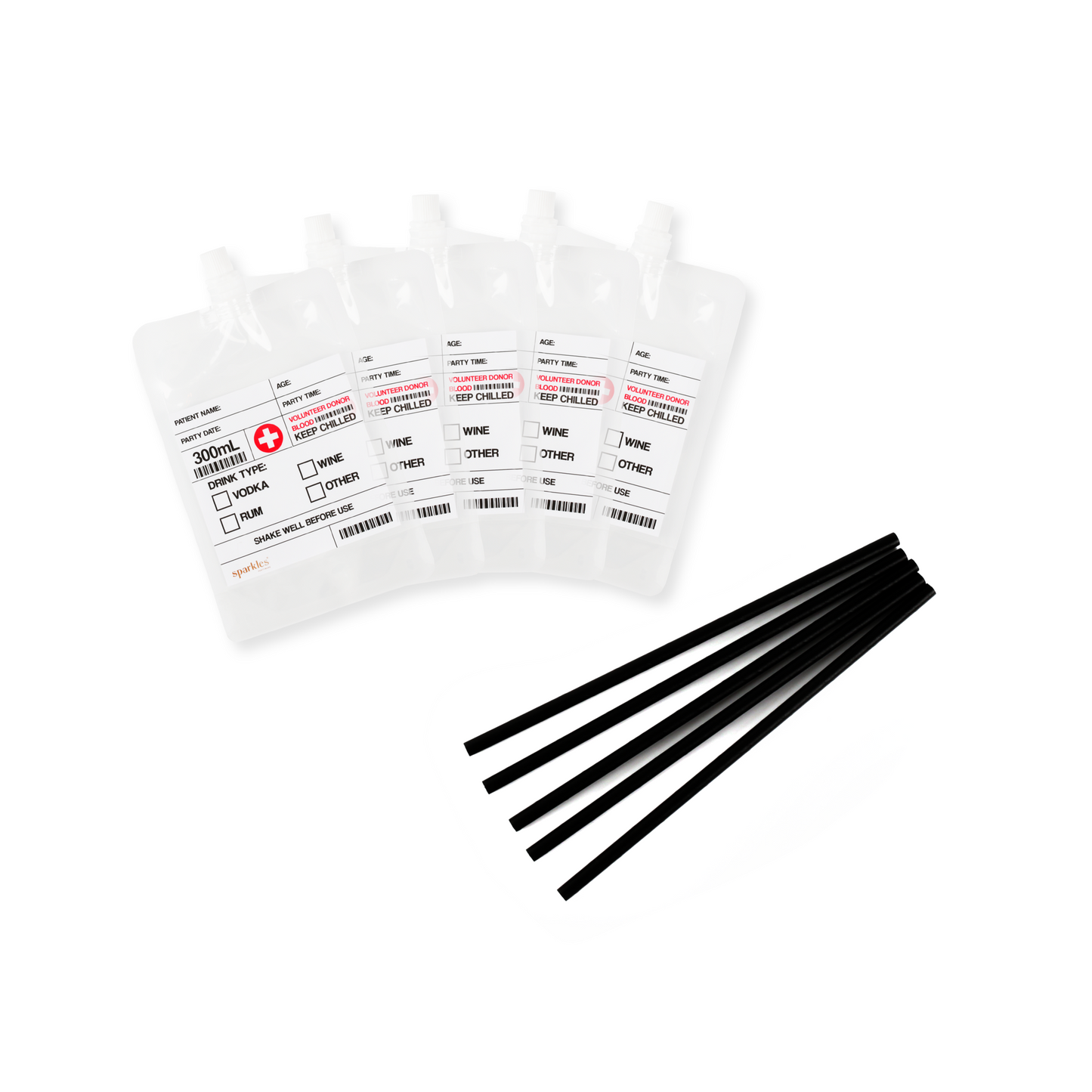 BLOOD BAG DRINK POUCHES WITH PAPER STRAWS PACK OF 5