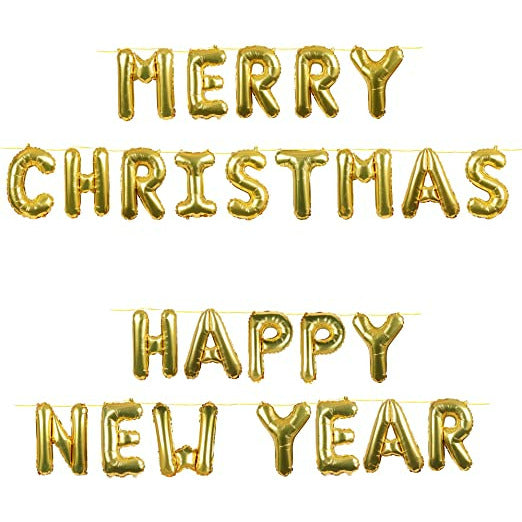Merry Christmas Happy New Year Gold Balloon Banner Set