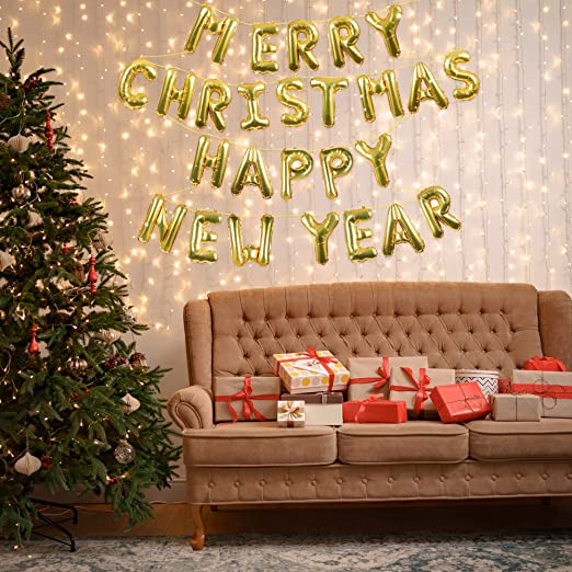 Merry Christmas Happy New Year Gold Balloon Banner Set