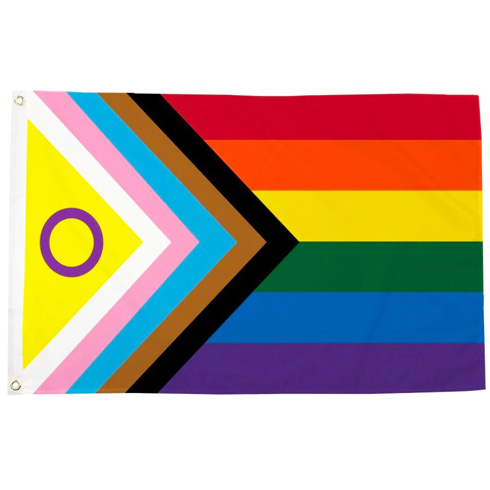 Progress Pride with Intersex Symbol LGBTQ+ Rainbow Flag with Chevron 5ft x 3ft with Eyelets