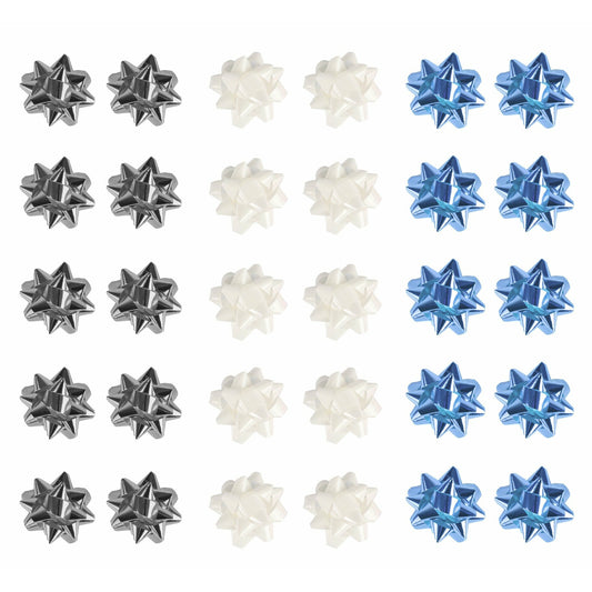 Mini Foil Bows Ice Blue White Silver Pack 30 Assortment