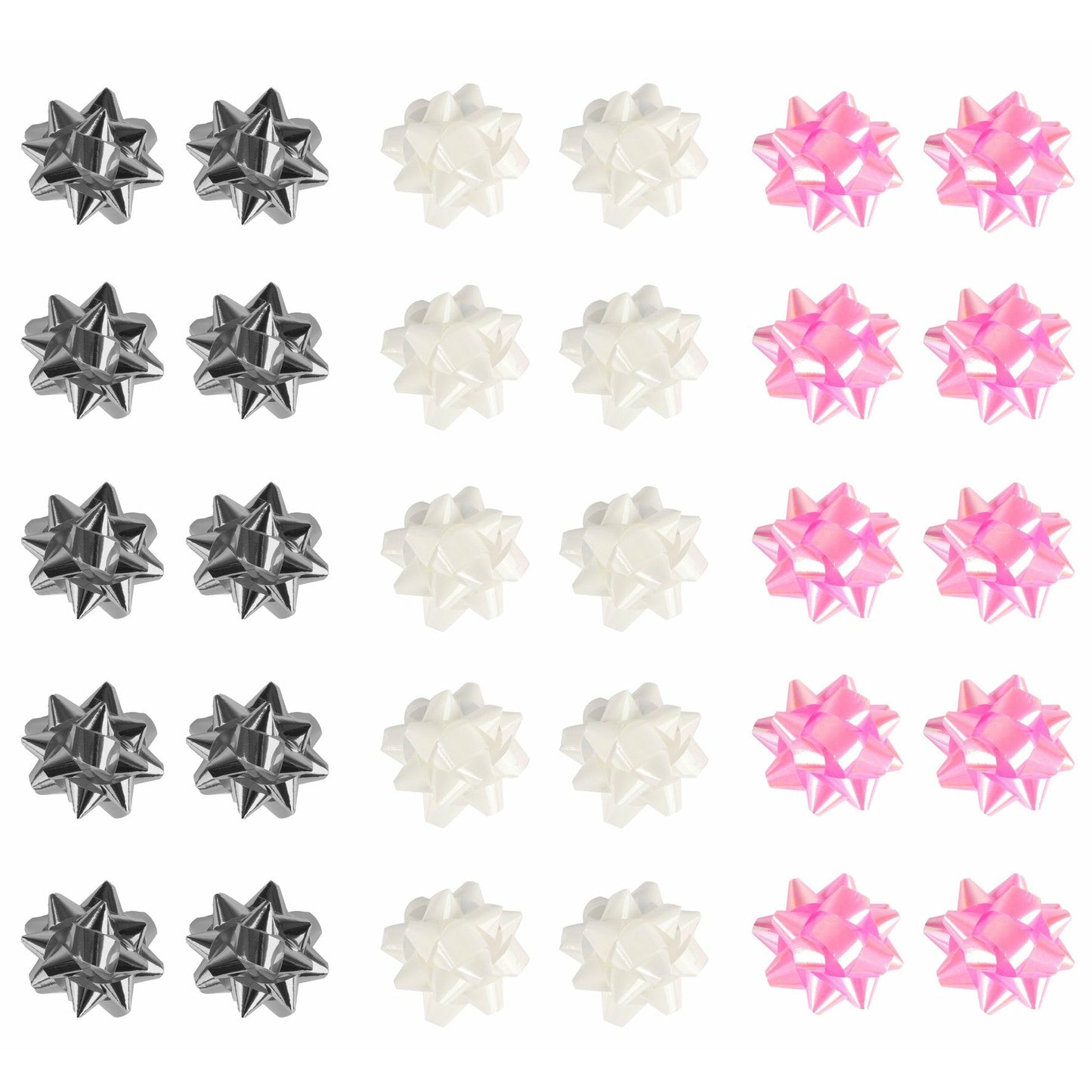 Mini Foil Bows Baby Pink Silver White Pack 30 Assortment
