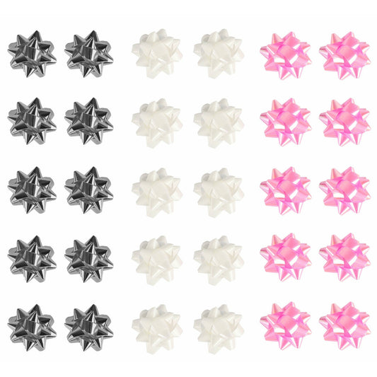 Mini Foil Bows Baby Pink Silver White Pack 30 Assortment